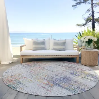 8' Ivory Orange And Blush Round Abstract Washable Indoor Outdoor Area Rug