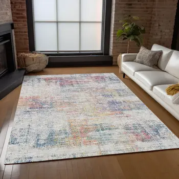 8' X 10' Ivory Orange And Blush Abstract Washable Indoor Outdoor Area Rug