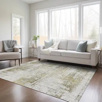 3' X 5' Pearl Ivory And Gold Abstract Washable Indoor Outdoor Area Rug
