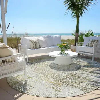 8' Pearl Ivory And Gold Round Abstract Washable Indoor Outdoor Area Rug