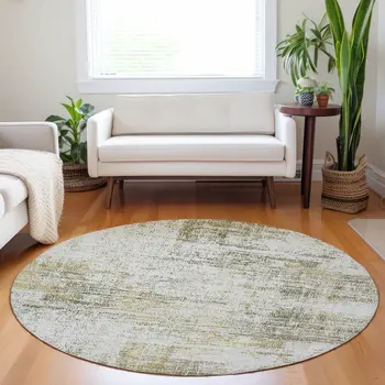 8' Pearl Ivory And Gold Round Abstract Washable Indoor Outdoor Area Rug