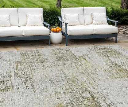 8' X 10' Pearl Ivory And Gold Abstract Washable Indoor Outdoor Area Rug