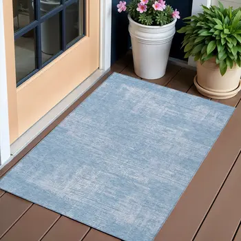 3' X 5' Navy Blue And Sky Blue Abstract Washable Indoor Outdoor Area Rug