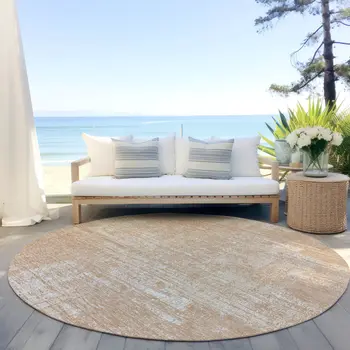 8' Coral And Salmon Round Abstract Washable Indoor Outdoor Area Rug