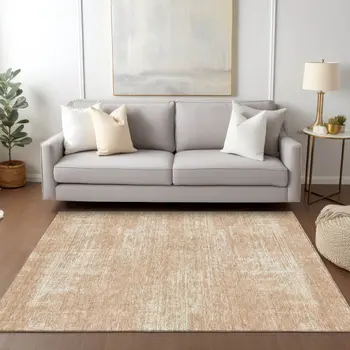 9' X 12' Coral And Salmon Abstract Washable Indoor Outdoor Area Rug