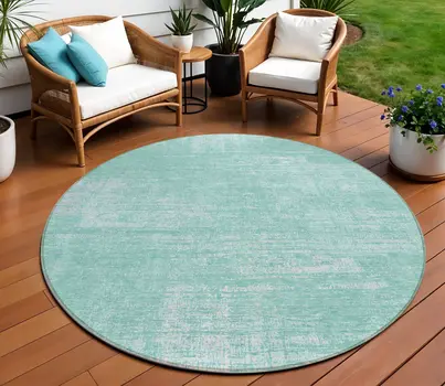 8' Turquoise And Teal Blue Round Abstract Washable Indoor Outdoor Area Rug