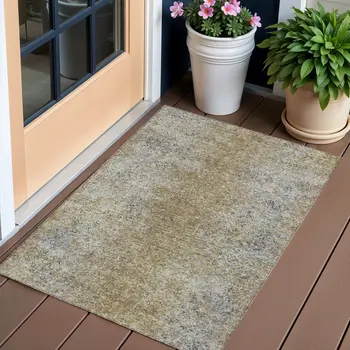 3' X 5' Brown Beige And Charcoal Oriental Washable Indoor Outdoor Area Rug
