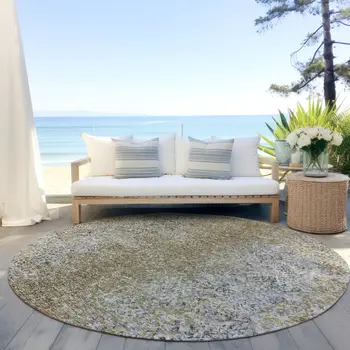 8' Brown Beige And Charcoal Round Oriental Washable Indoor Outdoor Area Rug