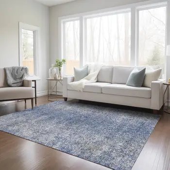 5' X 8' Denim Blue And Sky Blue Oriental Washable Indoor Outdoor Area Rug