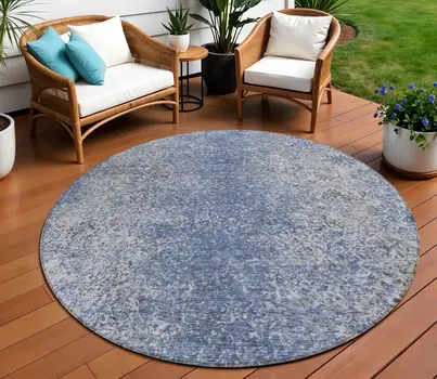 8' Denim Blue And Sky Blue Round Oriental Washable Indoor Outdoor Area Rug