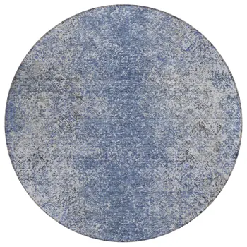 8' Denim Blue And Sky Blue Round Oriental Washable Indoor Outdoor Area Rug