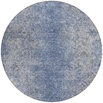 8' Denim Blue And Sky Blue Round Oriental Washable Indoor Outdoor Area Rug