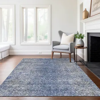 8' X 10' Denim Blue And Sky Blue Oriental Washable Indoor Outdoor Area Rug