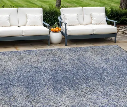 10' X 14' Denim Blue And Sky Blue Oriental Washable Indoor Outdoor Area Rug