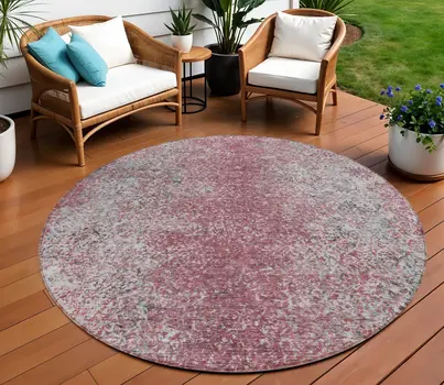 8' Merlot Silver And Gray Round Oriental Washable Indoor Outdoor Area Rug