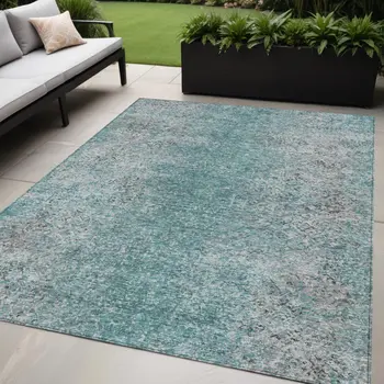 5' X 8' Teal Blue Gray And Charcoal Oriental Washable Indoor Outdoor Area Rug