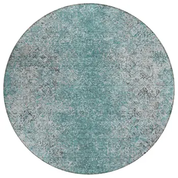 8' Teal Blue Gray And Charcoal Round Oriental Washable Indoor Outdoor Area Rug
