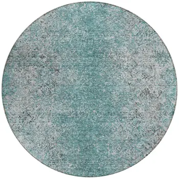 8' Teal Blue Gray And Charcoal Round Oriental Washable Indoor Outdoor Area Rug