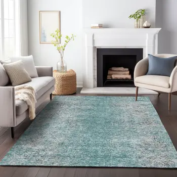 8' X 10' Teal Blue Gray And Charcoal Oriental Washable Indoor Outdoor Area Rug