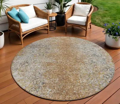 8' Terra Cotta Silver And Charcoal Round Oriental Washable Indoor Outdoor Area Rug