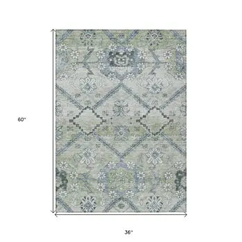 3' X 5' Artichoke Green Denim Blue And Silver Floral Washable Indoor Outdoor Area Rug