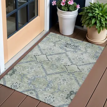 3' X 5' Artichoke Green Denim Blue And Silver Floral Washable Indoor Outdoor Area Rug