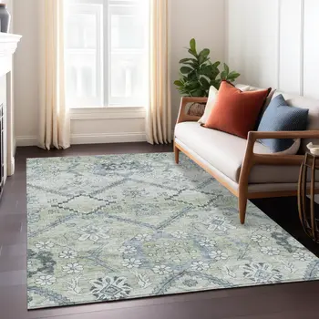 5' X 8' Artichoke Green Denim Blue And Silver Floral Washable Indoor Outdoor Area Rug