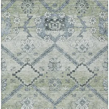 8' X 10' Artichoke Green Denim Blue And Silver Floral Washable Indoor Outdoor Area Rug