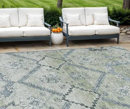 8' X 10' Artichoke Green Denim Blue And Silver Floral Washable Indoor Outdoor Area Rug
