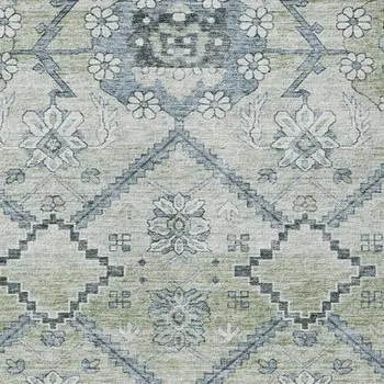 8' X 10' Artichoke Green Denim Blue And Silver Floral Washable Indoor Outdoor Area Rug