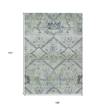 9' X 12' Artichoke Green Denim Blue And Silver Floral Washable Indoor Outdoor Area Rug