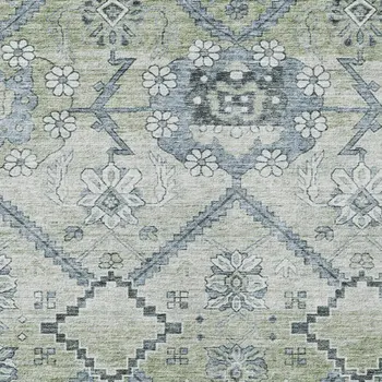 9' X 12' Artichoke Green Denim Blue And Silver Floral Washable Indoor Outdoor Area Rug