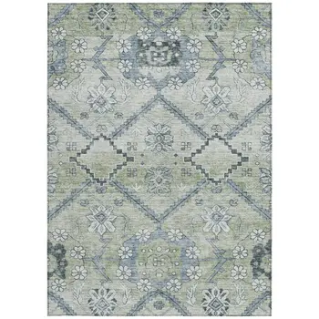10' X 14' Artichoke Green Denim Blue And Silver Floral Washable Indoor Outdoor Area Rug