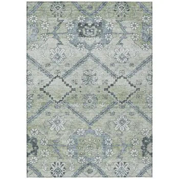 10' X 14' Artichoke Green Denim Blue And Silver Floral Washable Indoor Outdoor Area Rug