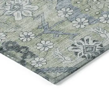 10' X 14' Artichoke Green Denim Blue And Silver Floral Washable Indoor Outdoor Area Rug