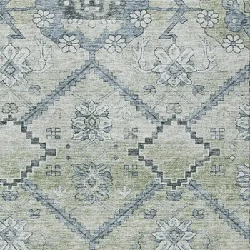 10' X 14' Artichoke Green Denim Blue And Silver Floral Washable Indoor Outdoor Area Rug