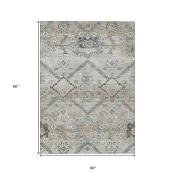 5' X 8' Beige Taupe And Tan Floral Washable Indoor Outdoor Area Rug