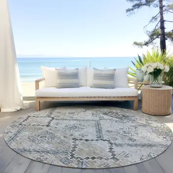 8' Beige Taupe And Tan Round Floral Washable Indoor Outdoor Area Rug