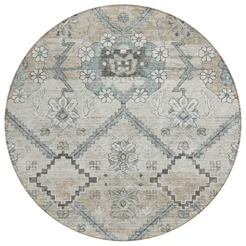 8' Beige Taupe And Tan Round Floral Washable Indoor Outdoor Area Rug