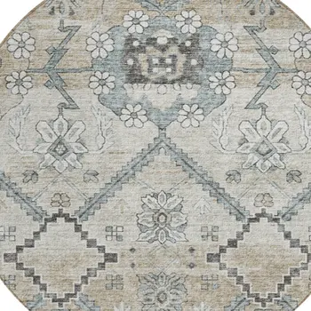 8' Beige Taupe And Tan Round Floral Washable Indoor Outdoor Area Rug