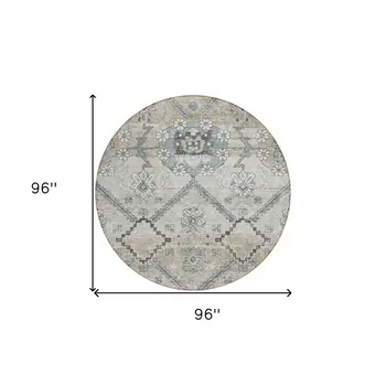 8' Beige Taupe And Tan Round Floral Washable Indoor Outdoor Area Rug