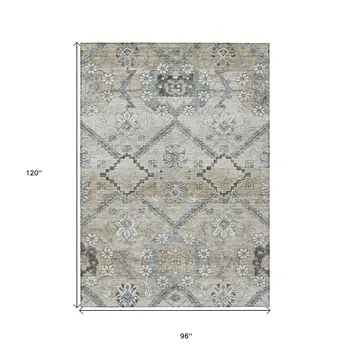 8' X 10' Beige Taupe And Tan Floral Washable Indoor Outdoor Area Rug