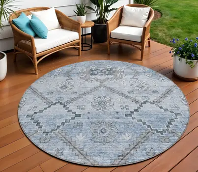 8' Sky Blue And Denim Blue Round Floral Washable Indoor Outdoor Area Rug