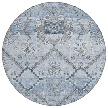 8' Sky Blue And Denim Blue Round Floral Washable Indoor Outdoor Area Rug