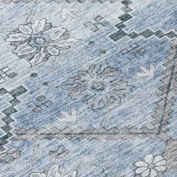 8' Sky Blue And Denim Blue Round Floral Washable Indoor Outdoor Area Rug