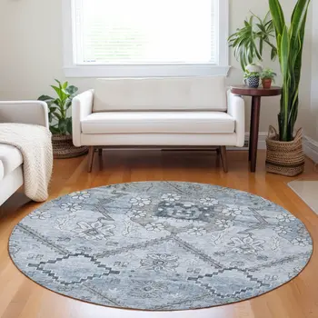 8' Sky Blue And Denim Blue Round Floral Washable Indoor Outdoor Area Rug
