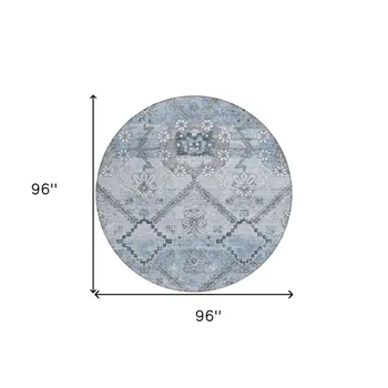 8' Sky Blue And Denim Blue Round Floral Washable Indoor Outdoor Area Rug