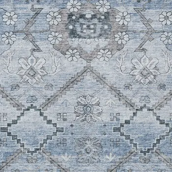 8' X 10' Sky Blue And Denim Blue Floral Washable Indoor Outdoor Area Rug