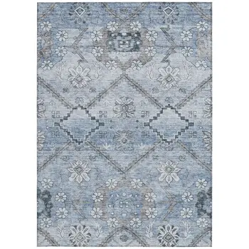 9' X 12' Sky Blue And Denim Blue Floral Washable Indoor Outdoor Area Rug