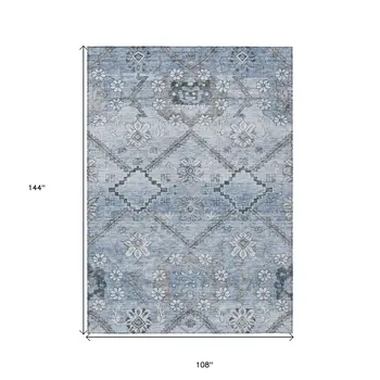 9' X 12' Sky Blue And Denim Blue Floral Washable Indoor Outdoor Area Rug